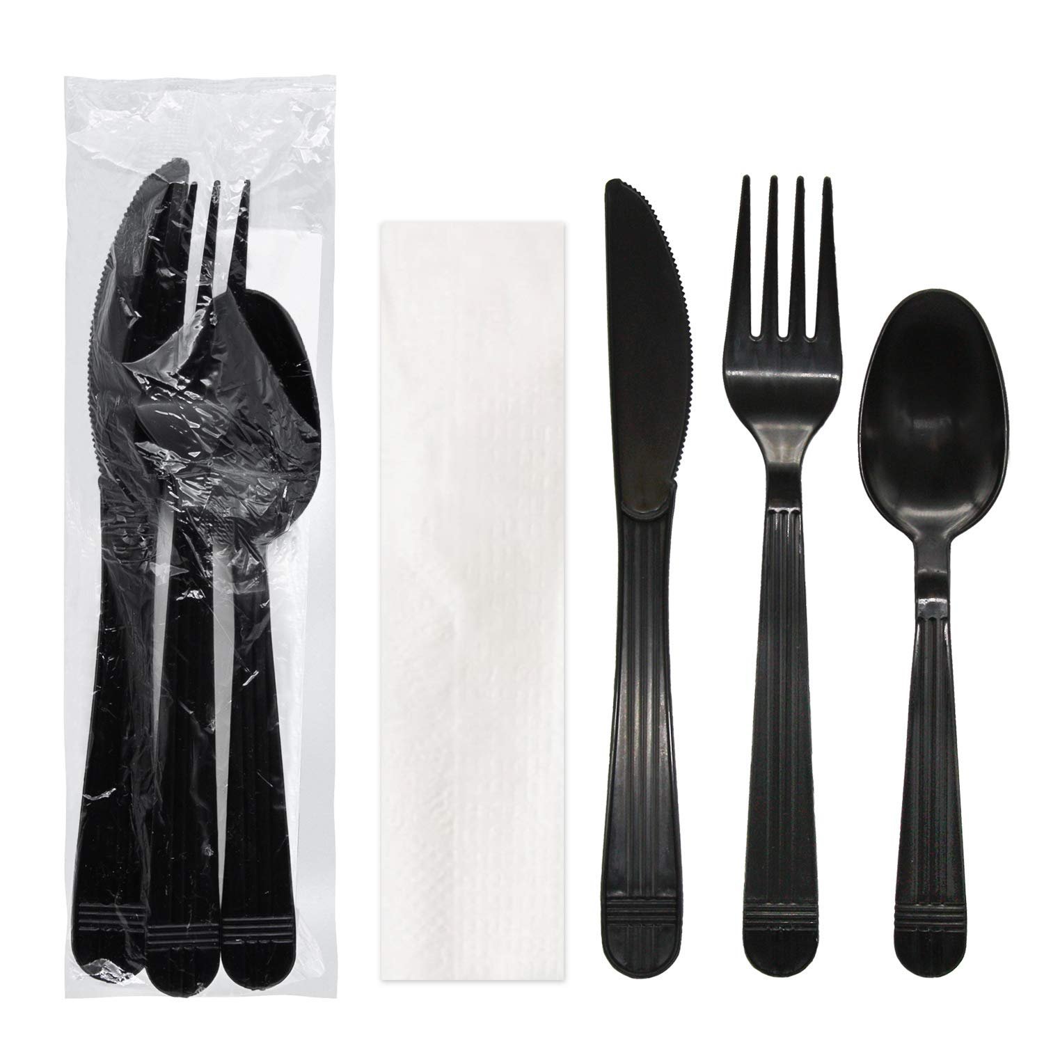 100 Kit couvert jetables en plastique Noir (cuillère - fourchette couteau + serviette)